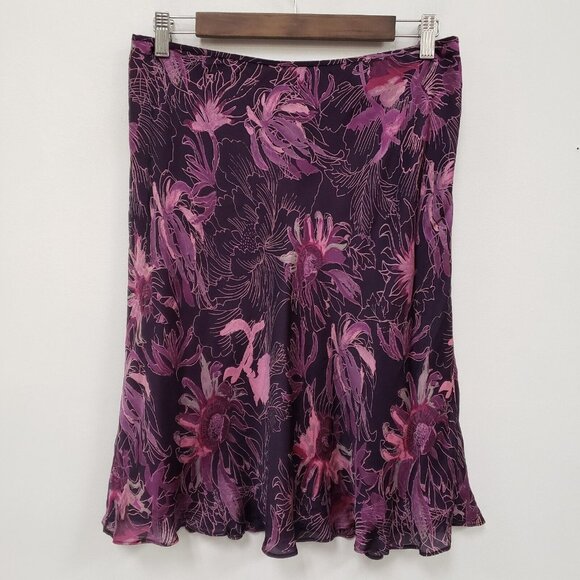Ann Taylor Womens Dark Floral Fairy Silk Skirt Size 8 Petite Purple Flowy - Picture 1 of 9